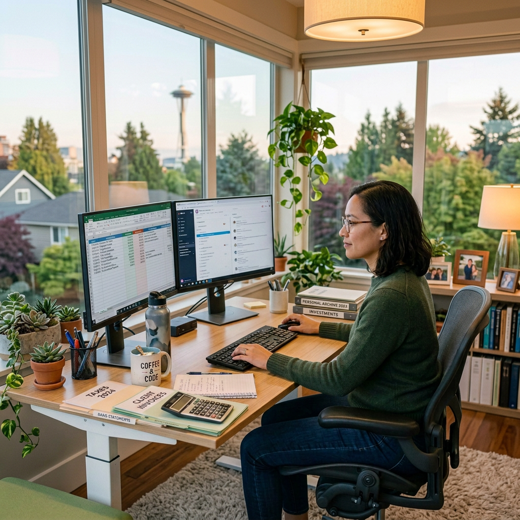 Employee working at dual monitors in open office with colleagues